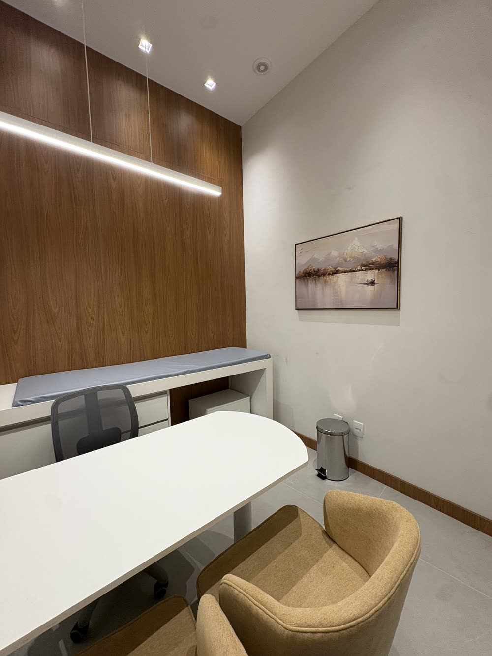Sala de atendimento clínico 1 da Clínica Magnificat, com mesa, maca e poltronas