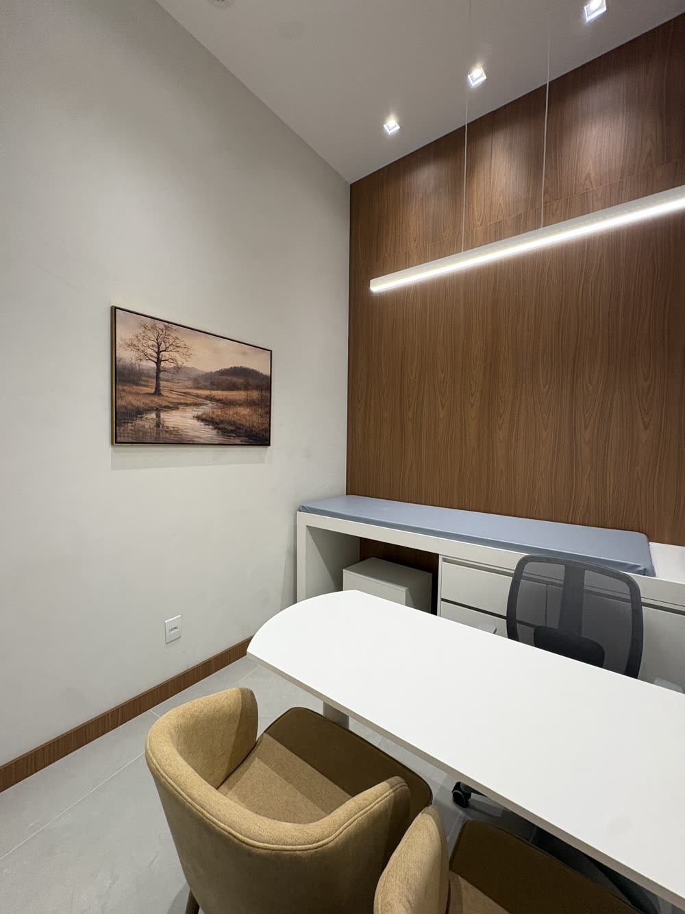 Sala de atendimento clínico 2 da Clínica Magnificat, com mesa, maca e poltronas